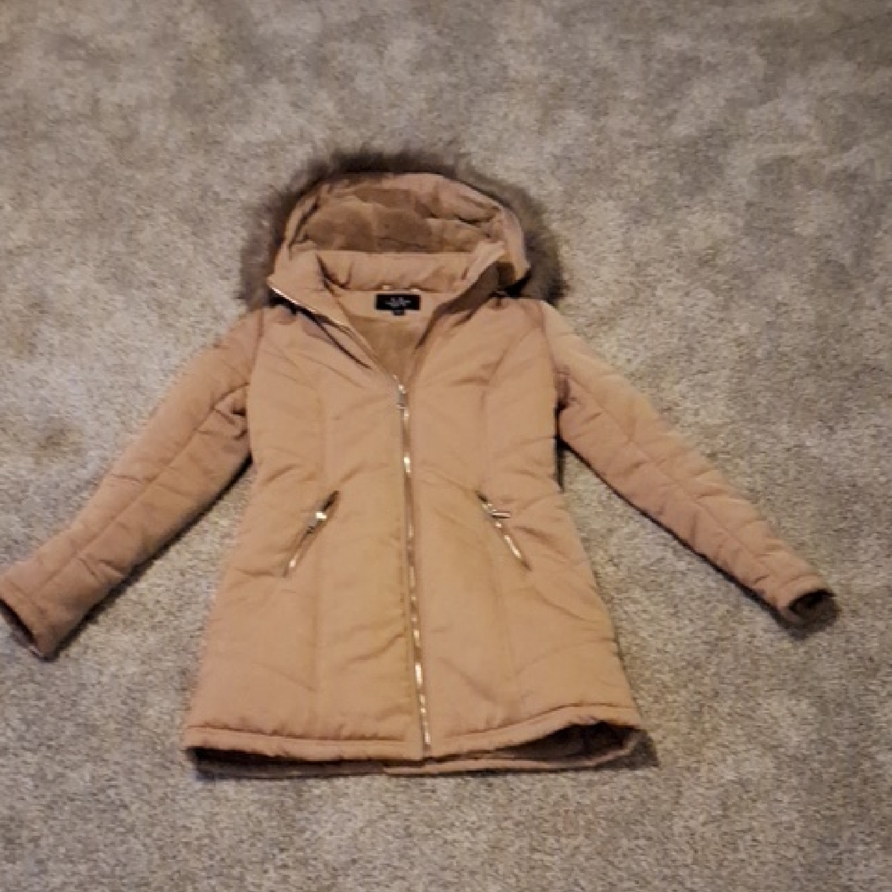 Tan Women's Pea Coat with Fur Trim